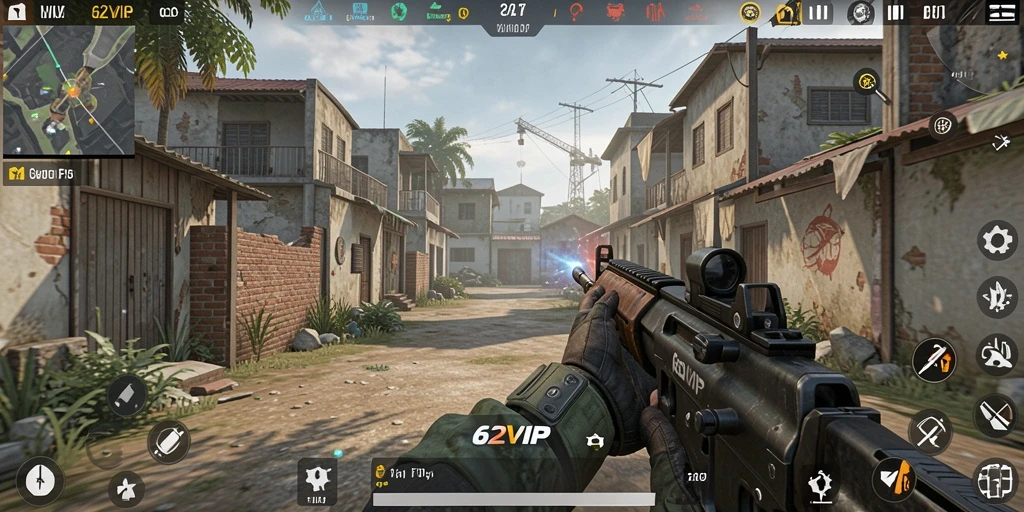 Gameplay seru dalam 62VIP menampilkan aksi tembak-menembak yang intens.