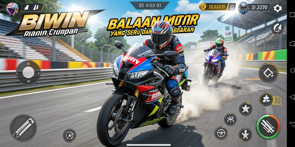 Tampilan gameplay BIWIN dengan aksi balap motor yang mendebarkan.