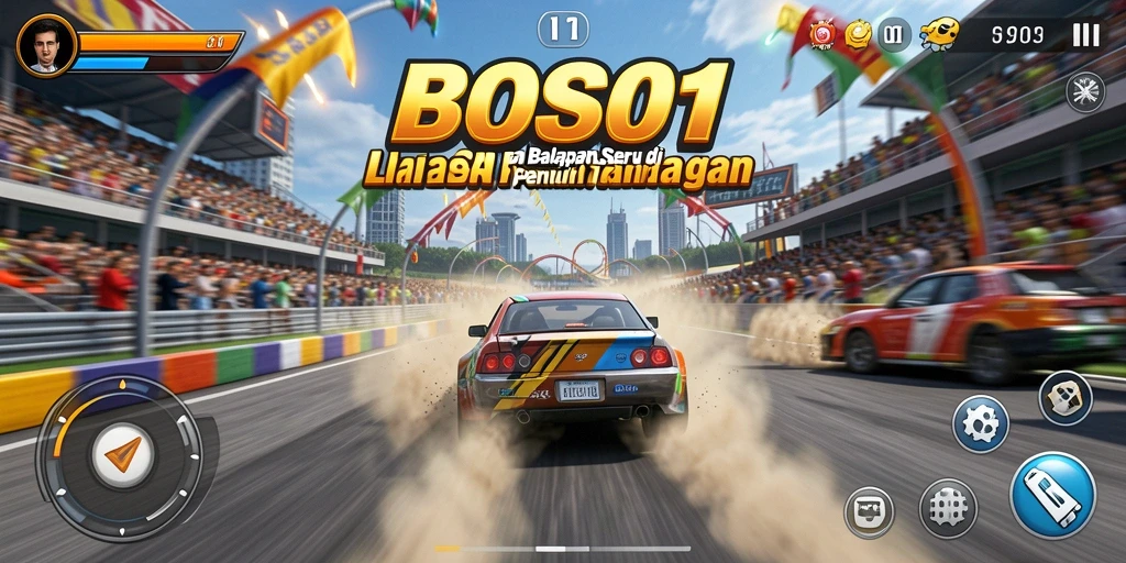 Screenshot utama BOS01 yang menunjukkan aksi balapan cepat di trek.