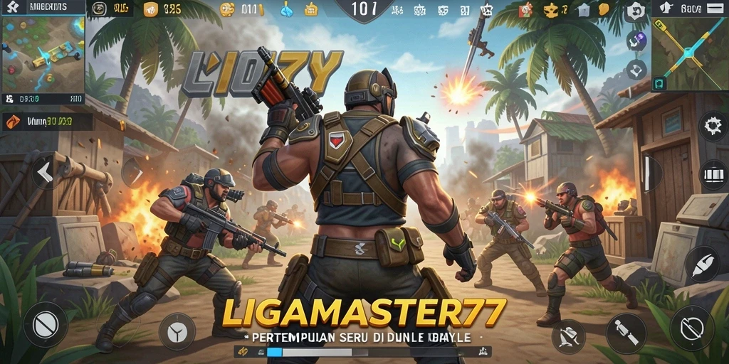 Screenshot gameplay LIGAMASTER77 menampilkan aksi battle royale yang mendebarkan.