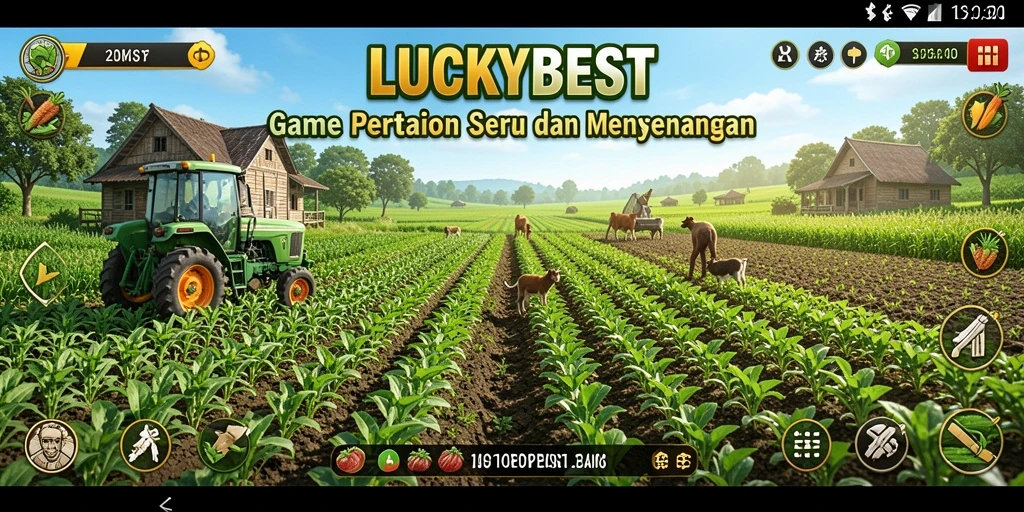 Tangkapan layar utama dari gameplay <strong>LUCKYBEST</strong> menunjukkan ladang yang subur dan hewan ternak yang bahagia.