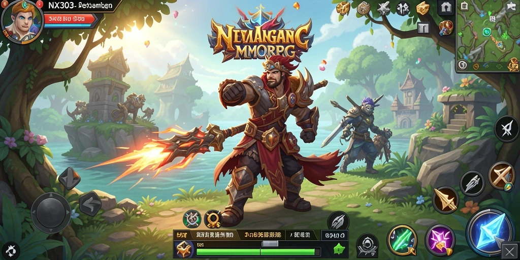 Tangkapan layar utama NX303 menampilkan aksi petualangan seru dalam gameplay MMORPG.