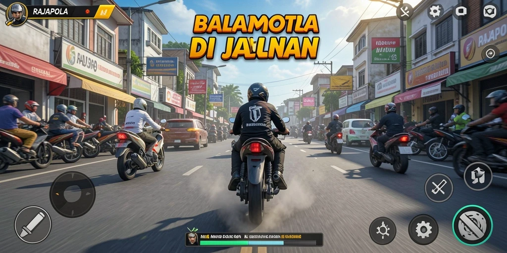 Tampilan seru gameplay RAJAPOLA dengan balapan motor yang intens.