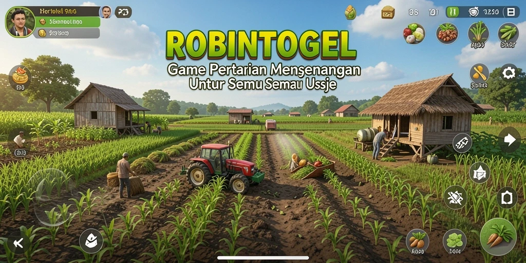 Tampilan permainan <strong>ROBINTOGEL</strong> yang menampilkan ladang dan hasil panen.