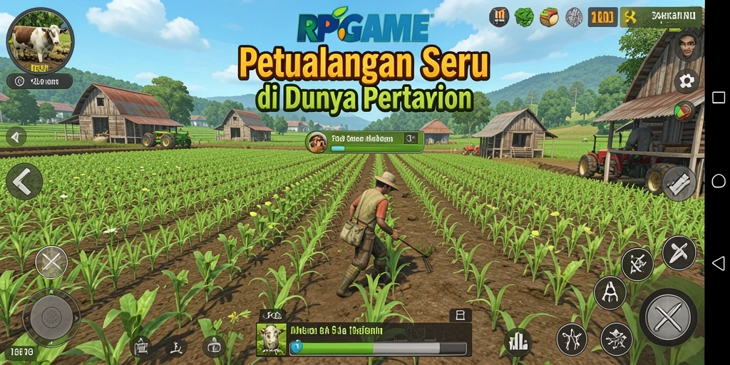 Screenshot RPGAME menampilkan pemain yang sedang panen hasil pertanian.