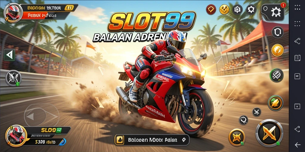 Screenshot gameplay SLOT99 dengan aksi balapan motor yang seru.